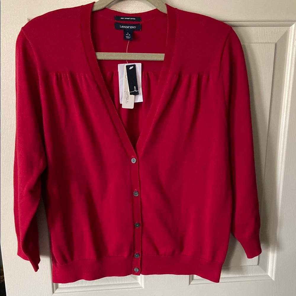Lands' End Red V-Neck Cardigan Sweater
